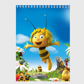 Скетчбук с принтом Пчелка Майя в Курске, 100% бумага
 | 48 листов, плотность листов — 100 г/м2, плотность картонной обложки — 250 г/м2. Листы скреплены сверху удобной пружинной спиралью | Тематика изображения на принте: вилли | майя | мая | пчелка | пчёлка майя | флип