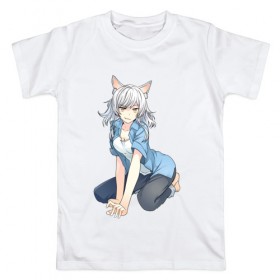 Мужская футболка хлопок с принтом Девушка-кошка в Курске, 100% хлопок | прямой крой, круглый вырез горловины, длина до линии бедер, слегка спущенное плечо. | аниме | кошка | неко