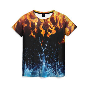 Женская футболка 3D с принтом Две стихии в Курске, 100% полиэфир ( синтетическое хлопкоподобное полотно) | прямой крой, круглый вырез горловины, длина до линии бедер | cold | fire | ice | вода water | лёд | огонь | пламя | стихиz | холод