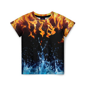 Детская футболка 3D с принтом Две стихии в Курске, 100% гипоаллергенный полиэфир | прямой крой, круглый вырез горловины, длина до линии бедер, чуть спущенное плечо, ткань немного тянется | cold | fire | ice | вода water | лёд | огонь | пламя | стихиz | холод