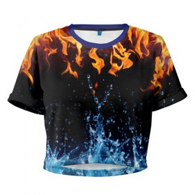 Женская футболка 3D укороченная с принтом Две стихии в Курске, 100% полиэстер | круглая горловина, длина футболки до линии талии, рукава с отворотами | cold | fire | ice | вода water | лёд | огонь | пламя | стихиz | холод