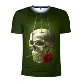 Мужская футболка 3D спортивная с принтом Череп и роза в Курске, 100% полиэстер с улучшенными характеристиками | приталенный силуэт, круглая горловина, широкие плечи, сужается к линии бедра | кости | роза | скелет | хэллоуин | цветок | цветы | череп