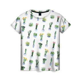 Женская футболка 3D с принтом Кактусы в Курске, 100% полиэфир ( синтетическое хлопкоподобное полотно) | прямой крой, круглый вырез горловины, длина до линии бедер | горшок | зеленый | кактус | принт | растение | флора | цветы