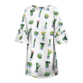 Детское платье 3D с принтом Кактусы в Курске, 100% полиэстер | прямой силуэт, чуть расширенный к низу. Круглая горловина, на рукавах — воланы | Тематика изображения на принте: горшок | зеленый | кактус | принт | растение | флора | цветы