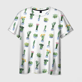 Мужская футболка 3D с принтом Кактусы в Курске, 100% полиэфир | прямой крой, круглый вырез горловины, длина до линии бедер | Тематика изображения на принте: горшок | зеленый | кактус | принт | растение | флора | цветы