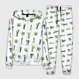 Мужской костюм 3D с принтом Кактусы в Курске, 100% полиэстер | Манжеты и пояс оформлены тканевой резинкой, двухслойный капюшон со шнурком для регулировки, карманы спереди | горшок | зеленый | кактус | принт | растение | флора | цветы