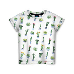 Детская футболка 3D с принтом Кактусы в Курске, 100% гипоаллергенный полиэфир | прямой крой, круглый вырез горловины, длина до линии бедер, чуть спущенное плечо, ткань немного тянется | горшок | зеленый | кактус | принт | растение | флора | цветы