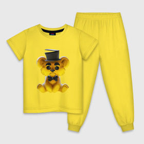 Детская пижама хлопок с принтом Golden Freddy в Курске, 100% хлопок |  брюки и футболка прямого кроя, без карманов, на брюках мягкая резинка на поясе и по низу штанин
 | Тематика изображения на принте: five nights at freddys | golden freddy | золотой фредди | медведь | мишка