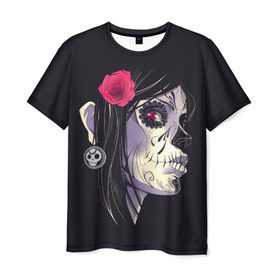 Мужская футболка 3D с принтом Dia de Muertos в Курске, 100% полиэфир | прямой крой, круглый вырез горловины, длина до линии бедер | женщина | мексика | праздник | скелет | хэллоуин | череп