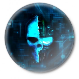 Значок с принтом Tom Clancy`s череп в Курске,  металл | круглая форма, металлическая застежка в виде булавки | голова | маска | робот | череп