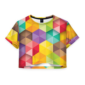 Женская футболка 3D укороченная с принтом Цветные зонтики в Курске, 100% полиэстер | круглая горловина, длина футболки до линии талии, рукава с отворотами | 