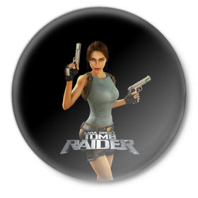 Значок с принтом TOMB RAIDER в Курске,  металл | круглая форма, металлическая застежка в виде булавки | game | girl | gun | lara croft | tomb raider | девушка | игра | оружие | пистолет