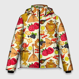 Мужская зимняя куртка 3D с принтом Народная кухня в Курске, верх — 100% полиэстер; подкладка — 100% полиэстер; утеплитель — 100% полиэстер | длина ниже бедра, свободный силуэт Оверсайз. Есть воротник-стойка, отстегивающийся капюшон и ветрозащитная планка. 

Боковые карманы с листочкой на кнопках и внутренний карман на молнии. | Тематика изображения на принте: балалайка | еда | малина | малинки | матрешка | на руси | патриот | паттерн | русский | русь | самовар | сушки | тренды | чай | черника