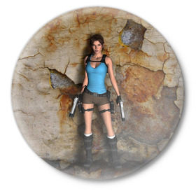 Значок с принтом TOMB RAIDER в Курске,  металл | круглая форма, металлическая застежка в виде булавки | game | girl | gun | lara croft | tomb raider | девушка | игра | оружие | пистолет