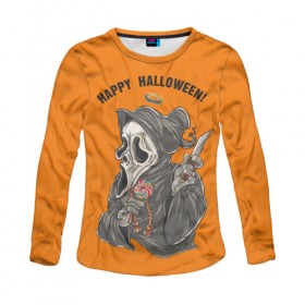 Женский лонгслив 3D с принтом Happy Halloween в Курске, 100% полиэстер | длинные рукава, круглый вырез горловины, полуприлегающий силуэт | helloween |  хэллоуин | день всех святых | крик | нож | праздник | ужас | хеллоуин | хеловин | хелоуин