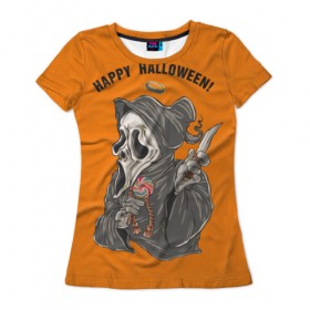 Женская футболка 3D с принтом Happy Halloween в Курске, 100% полиэфир ( синтетическое хлопкоподобное полотно) | прямой крой, круглый вырез горловины, длина до линии бедер | helloween |  хэллоуин | день всех святых | крик | нож | праздник | ужас | хеллоуин | хеловин | хелоуин