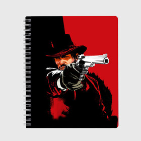Тетрадь с принтом Red Dead Redemption в Курске, 100% бумага | 48 листов, плотность листов — 60 г/м2, плотность картонной обложки — 250 г/м2. Листы скреплены сбоку удобной пружинной спиралью. Уголки страниц и обложки скругленные. Цвет линий — светло-серый
 | cowboy | game | gun | jim | red dead redemption | rockstar | west | вестерн | дикий запад | игра | ковбой | оружие | пистолет