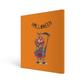 Холст квадратный с принтом Тыква с косой в Курске, 100% ПВХ |  | halloween | helloween | голова | день всех святых | коса | светильник джека | фонарт джека | хеллоуин | хеловин | хэллоуин