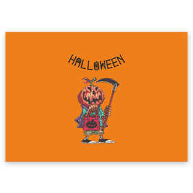 Поздравительная открытка с принтом Тыква с косой в Курске, 100% бумага | плотность бумаги 280 г/м2, матовая, на обратной стороне линовка и место для марки
 | halloween | helloween | голова | день всех святых | коса | светильник джека | фонарт джека | хеллоуин | хеловин | хэллоуин