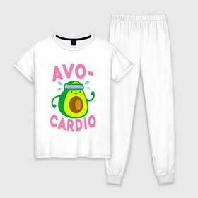 Женская пижама хлопок с принтом Avo-Cardio в Курске, 100% хлопок | брюки и футболка прямого кроя, без карманов, на брюках мягкая резинка на поясе и по низу штанин | авокадо | еда | кардио | спорт