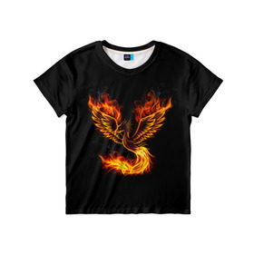 Детская футболка 3D с принтом Феникс в Курске, 100% гипоаллергенный полиэфир | прямой крой, круглый вырез горловины, длина до линии бедер, чуть спущенное плечо, ткань немного тянется | Тематика изображения на принте: fire | flame | in fire | smoke | в огне | дым | огненный | огонь