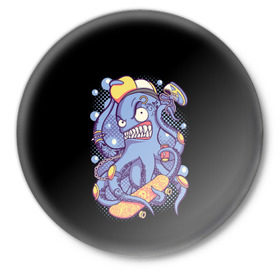 Значок с принтом Octopus Skater в Курске,  металл | круглая форма, металлическая застежка в виде булавки | octopus skater | осьминог | скейт | спорт