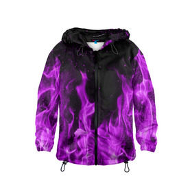 Детская ветровка 3D с принтом Фиолетовый огонь в Курске, 100% полиэстер | подол и капюшон оформлены резинкой с фиксаторами, по бокам два кармана без застежек, один потайной карман на груди | лиловый | пламя | яркий