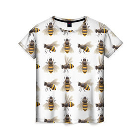 Женская футболка 3D с принтом Пчелы в Курске, 100% полиэфир ( синтетическое хлопкоподобное полотно) | прямой крой, круглый вырез горловины, длина до линии бедер | белый | желтый | крылья | мед | черный