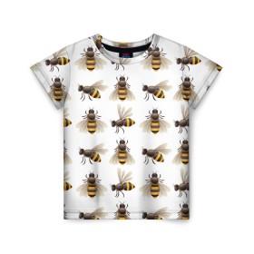 Детская футболка 3D с принтом Пчелы в Курске, 100% гипоаллергенный полиэфир | прямой крой, круглый вырез горловины, длина до линии бедер, чуть спущенное плечо, ткань немного тянется | белый | желтый | крылья | мед | черный