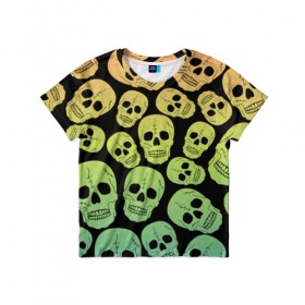 Детская футболка 3D с принтом Веселый хэллоуин в Курске, 100% гипоаллергенный полиэфир | прямой крой, круглый вырез горловины, длина до линии бедер, чуть спущенное плечо, ткань немного тянется | зеленый | кости | цвет | череп | черный