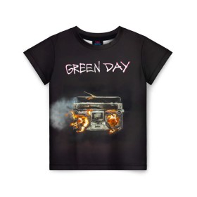 Детская футболка 3D с принтом Green Day магнитофон в огне в Курске, 100% гипоаллергенный полиэфир | прямой крой, круглый вырез горловины, длина до линии бедер, чуть спущенное плечо, ткань немного тянется | american idiot | green day | альтернативный | билли джо армстронг | грин дей | группа | зелёный день | майк дёрнт | музыка | панк | поп | поппанк | рок | тре кул