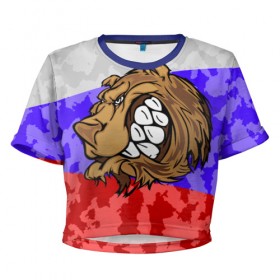 Женская футболка 3D укороченная с принтом Русский Медведь в Курске, 100% полиэстер | круглая горловина, длина футболки до линии талии, рукава с отворотами | 