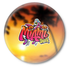 Значок с принтом Miami Beach в Курске,  металл | круглая форма, металлическая застежка в виде булавки | закат | майами | пейзаж | пляж | солнце