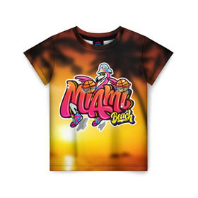 Детская футболка 3D с принтом Miami Beach в Курске, 100% гипоаллергенный полиэфир | прямой крой, круглый вырез горловины, длина до линии бедер, чуть спущенное плечо, ткань немного тянется | закат | майами | пейзаж | пляж | солнце