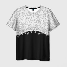 Мужская футболка 3D с принтом Флористика в Курске, 100% полиэфир | прямой крой, круглый вырез горловины, длина до линии бедер | лист | серый | узор | цветы | черный