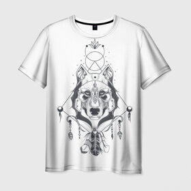 Мужская футболка 3D с принтом Этно волк в Курске, 100% полиэфир | прямой крой, круглый вырез горловины, длина до линии бедер | амулет | волк | животное | перо | этнические
