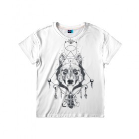 Детская футболка 3D с принтом Этно волк в Курске, 100% гипоаллергенный полиэфир | прямой крой, круглый вырез горловины, длина до линии бедер, чуть спущенное плечо, ткань немного тянется | амулет | волк | животное | перо | этнические