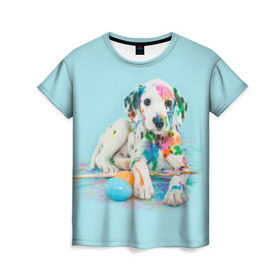 Женская футболка 3D с принтом Юный художник в Курске, 100% полиэфир ( синтетическое хлопкоподобное полотно) | прямой крой, круглый вырез горловины, длина до линии бедер | animal | dog | дог | долматинец | друг | краски | собака | художник | щенок