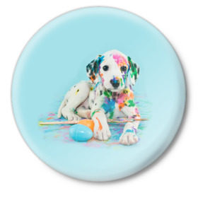 Значок с принтом Юный художник в Курске,  металл | круглая форма, металлическая застежка в виде булавки | Тематика изображения на принте: animal | dog | дог | долматинец | друг | краски | собака | художник | щенок