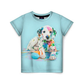 Детская футболка 3D с принтом Юный художник в Курске, 100% гипоаллергенный полиэфир | прямой крой, круглый вырез горловины, длина до линии бедер, чуть спущенное плечо, ткань немного тянется | animal | dog | дог | долматинец | друг | краски | собака | художник | щенок