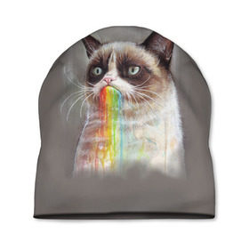 Шапка 3D с принтом Grumpy Cat в Курске, 100% полиэстер | универсальный размер, печать по всей поверхности изделия | Тематика изображения на принте: animal | cat | grumpy cat | животное | кот | котенок | кошка | радуга