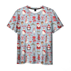 Мужская футболка 3D с принтом Рождественская Милота в Курске, 100% полиэфир | прямой крой, круглый вырез горловины, длина до линии бедер | дед мороз | заяц | колокольчик | лиса | лисичка | медведь | олень | омела | пингвин | санта клаус