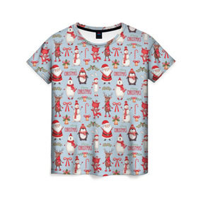 Женская футболка 3D с принтом Рождественская Милота в Курске, 100% полиэфир ( синтетическое хлопкоподобное полотно) | прямой крой, круглый вырез горловины, длина до линии бедер | Тематика изображения на принте: дед мороз | заяц | колокольчик | лиса | лисичка | медведь | олень | омела | пингвин | санта клаус