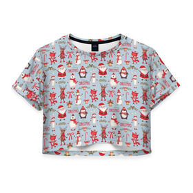 Женская футболка 3D укороченная с принтом Рождественская Милота в Курске, 100% полиэстер | круглая горловина, длина футболки до линии талии, рукава с отворотами | дед мороз | заяц | колокольчик | лиса | лисичка | медведь | олень | омела | пингвин | санта клаус