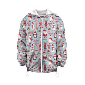 Детская куртка 3D с принтом Рождественская Милота в Курске, 100% полиэстер | застежка — молния, подол и капюшон оформлены резинкой с фиксаторами, по бокам — два кармана без застежек, один потайной карман на груди, плотность верхнего слоя — 90 г/м2; плотность флисового подклада — 260 г/м2 | Тематика изображения на принте: дед мороз | заяц | колокольчик | лиса | лисичка | медведь | олень | омела | пингвин | санта клаус