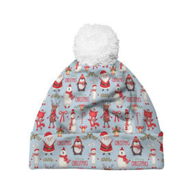 Шапка 3D c помпоном с принтом Рождественская Милота в Курске, 100% полиэстер | универсальный размер, печать по всей поверхности изделия | дед мороз | заяц | колокольчик | лиса | лисичка | медведь | олень | омела | пингвин | санта клаус