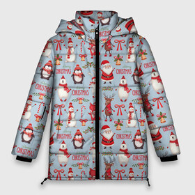 Женская зимняя куртка 3D с принтом Рождественская Милота в Курске, верх — 100% полиэстер; подкладка — 100% полиэстер; утеплитель — 100% полиэстер | длина ниже бедра, силуэт Оверсайз. Есть воротник-стойка, отстегивающийся капюшон и ветрозащитная планка. 

Боковые карманы с листочкой на кнопках и внутренний карман на молнии | дед мороз | заяц | колокольчик | лиса | лисичка | медведь | олень | омела | пингвин | санта клаус
