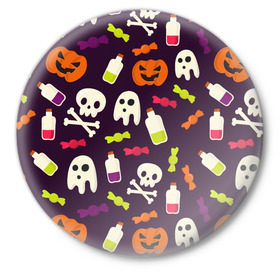 Значок с принтом Halloween в Курске,  металл | круглая форма, металлическая застежка в виде булавки | Тематика изображения на принте: halloween | сладости | тыква | хэллоуин | череп