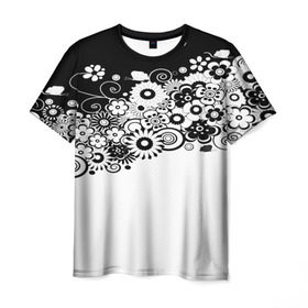 Мужская футболка 3D с принтом Черно-белые цветы в Курске, 100% полиэфир | прямой крой, круглый вырез горловины, длина до линии бедер | blossom | flower | garden stuff | green stuff | бабочки | узор | цветочный орнамент | цветы | цеточный узор