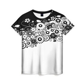 Женская футболка 3D с принтом Черно-белые цветы в Курске, 100% полиэфир ( синтетическое хлопкоподобное полотно) | прямой крой, круглый вырез горловины, длина до линии бедер | blossom | flower | garden stuff | green stuff | бабочки | узор | цветочный орнамент | цветы | цеточный узор